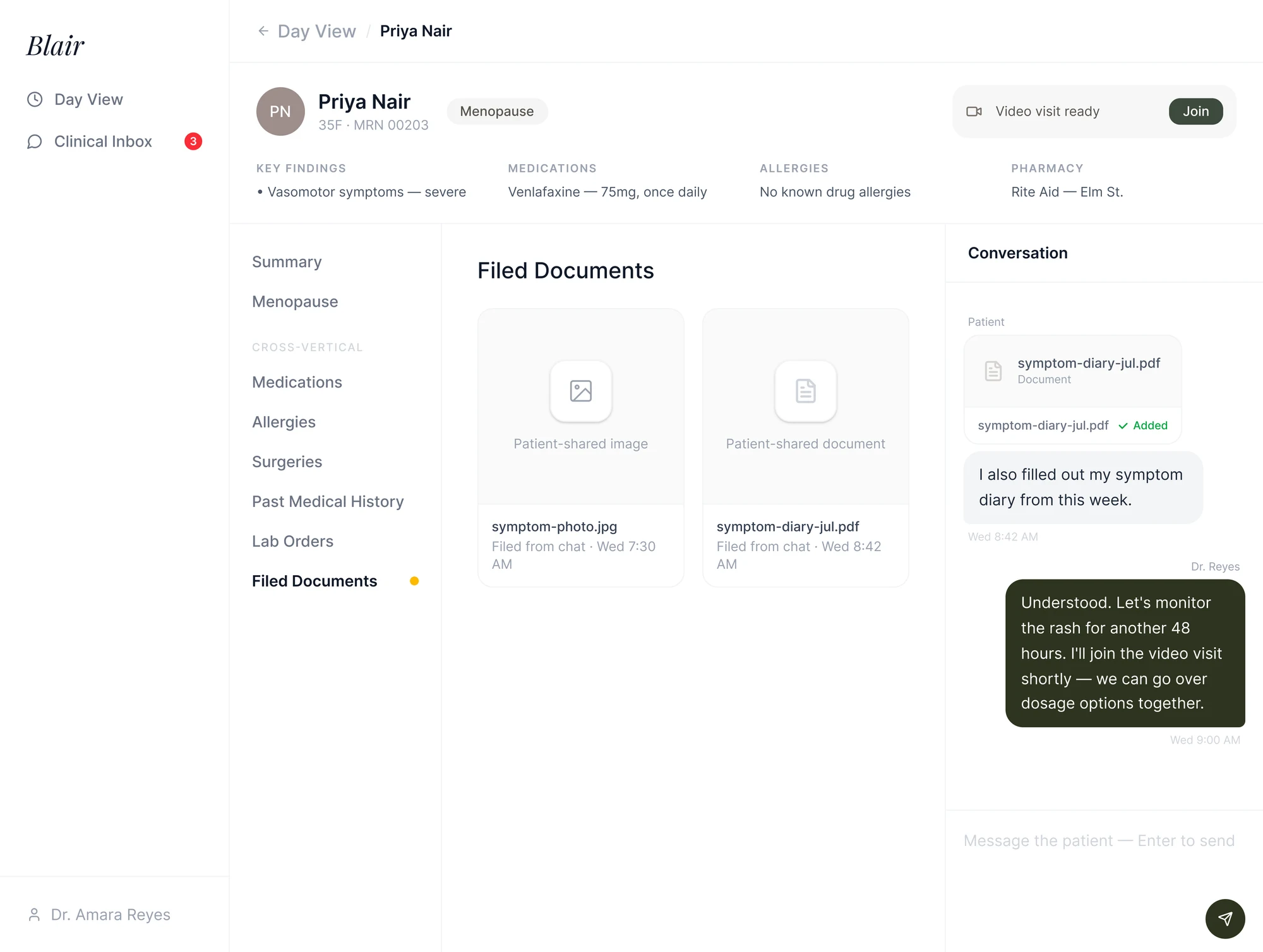 The Blair provider portal: a patient chart with a video visit ready to join, filed documents, and the conversation with the patient